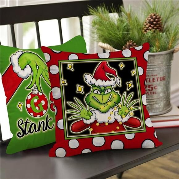 Set of 4 Merry Christmas Whatever Pillow Covers,16x16 Grinch-Themed Cushion Case - Picture 5 of 7